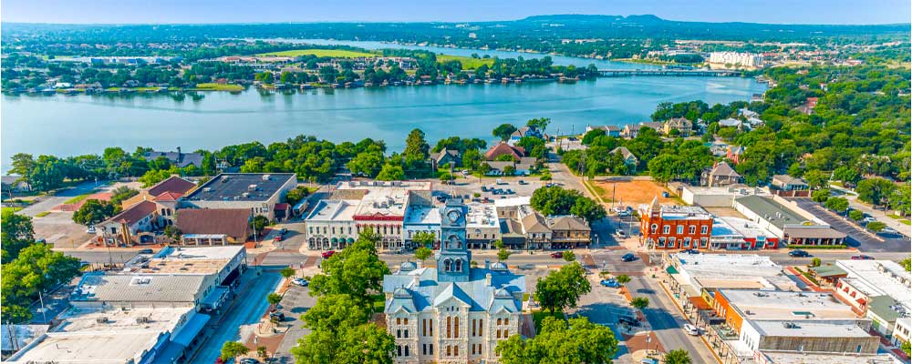 Historic Hood County Courthouse in Granbury, Texas overlooking the lake